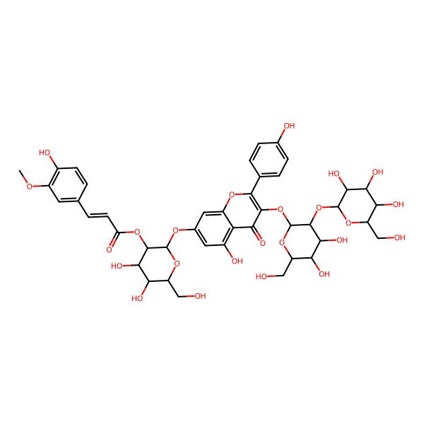 2D Structure of [(2S,3R,4S,5S,6R)-2-[3-[(2S,3R,4S,5S,6R)-4,5-dihydroxy-6-(hydroxymethyl)-3-[(2S,3R,4S,5S,6R)-3,4,5-trihydroxy-6-(hydroxymethyl)oxan-2-yl]oxyoxan-2-yl]oxy-5-hydroxy-2-(4-hydroxyphenyl)-4-oxochromen-7-yl]oxy-4,5-dihydroxy-6-(hydroxymethyl)oxan-3-yl] (E)-3-(4-hydroxy-3-methoxyphenyl)prop-2-enoate