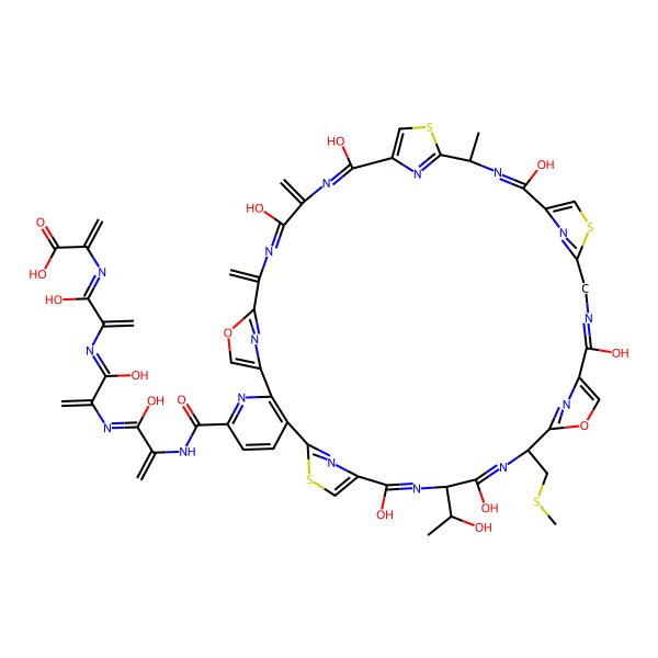 2D Structure of 2-[[2-[[2-[[2-[[12,15,22,29,36,39-Hexahydroxy-14-(1-hydroxyethyl)-31-methyl-38,41-dimethylidene-17-(methylsulfanylmethyl)-19,43-dioxa-9,26,33-trithia-3,13,16,23,30,37,40,45,46,47,48,49-dodecazaheptacyclo[40.2.1.18,11.118,21.125,28.132,35.02,7]nonatetraconta-1(44),2(7),3,5,8(49),10,12,15,18(48),20,22,25(47),27,29,32(46),34,36,39,42(45)-nonadecaene-4-carbonyl]amino]-1-hydroxyprop-2-enylidene]amino]-1-hydroxyprop-2-enylidene]amino]-1-hydroxyprop-2-enylidene]amino]prop-2-enoic acid