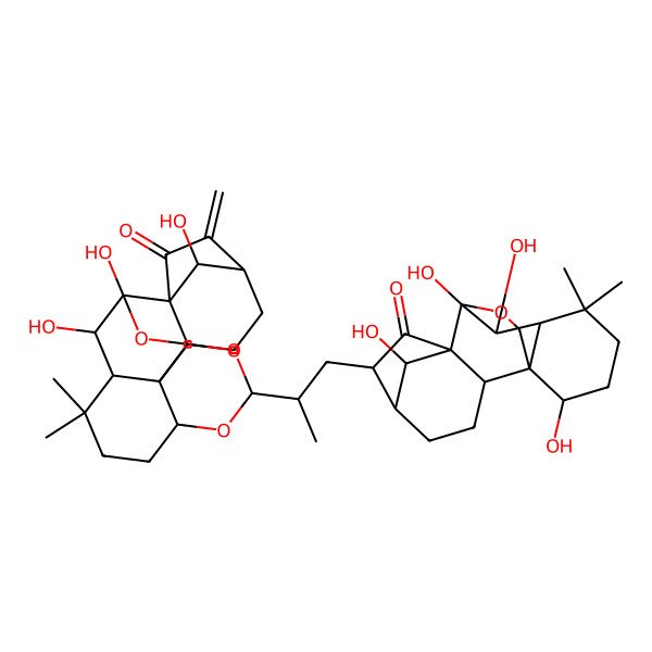 2D Structure of 1,20,21-Trihydroxy-10,10-dimethyl-17-methylidene-5-[1-(9,10,15,18-tetrahydroxy-12,12-dimethyl-7-oxo-17-oxapentacyclo[7.6.2.15,8.01,11.02,8]octadecan-6-yl)propan-2-yl]-2,4,6-trioxahexacyclo[9.8.1.116,19.03,12.07,12.013,19]henicosan-18-one