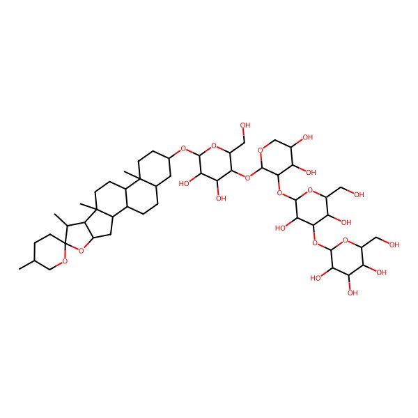 2D Structure of (2S,3R,4S,5S,6R)-2-[(2S,3R,4S,5R,6R)-2-[(2S,3R,4S,5R)-2-[(2R,3R,4R,5R,6R)-4,5-dihydroxy-2-(hydroxymethyl)-6-[(1R,2S,4S,5'R,6R,7S,8R,9S,12S,13S,16S,18S)-5',7,9,13-tetramethylspiro[5-oxapentacyclo[10.8.0.02,9.04,8.013,18]icosane-6,2'-oxane]-16-yl]oxyoxan-3-yl]oxy-4,5-dihydroxyoxan-3-yl]oxy-3,5-dihydroxy-6-(hydroxymethyl)oxan-4-yl]oxy-6-(hydroxymethyl)oxane-3,4,5-triol