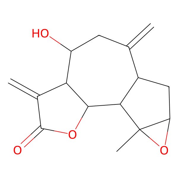 2D Structure of (1S,2S,6S,7S,10R,12R,14S)-7-hydroxy-14-methyl-5,9-dimethylidene-3,13-dioxatetracyclo[8.4.0.02,6.012,14]tetradecan-4-one