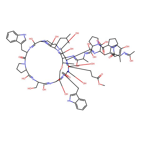2D Structure of 2-[[hydroxy-[2,5,8,13,20,29,32,39,42-nonahydroxy-38-[[1-hydroxy-2-[[hydroxy-[1-[1-[2-(1-hydroxyethylideneamino)propanoyl]pyrrolidine-2-carbonyl]pyrrolidin-2-yl]methylidene]amino]propylidene]amino]-31-(hydroxymethyl)-4,22-bis(1H-indol-3-ylmethyl)-7-(3-methoxy-3-oxopropyl)-37-methyl-41-(2-methylpropyl)-23,35-dioxo-36-oxa-3,6,9,14,21,24,30,33,40,43-decazatricyclo[17.14.10.024,28]tritetraconta-2,5,8,13,20,29,32,39,42-nonaen-10-yl]methylidene]amino]-3-(4-hydroxyphenyl)propanoic acid
