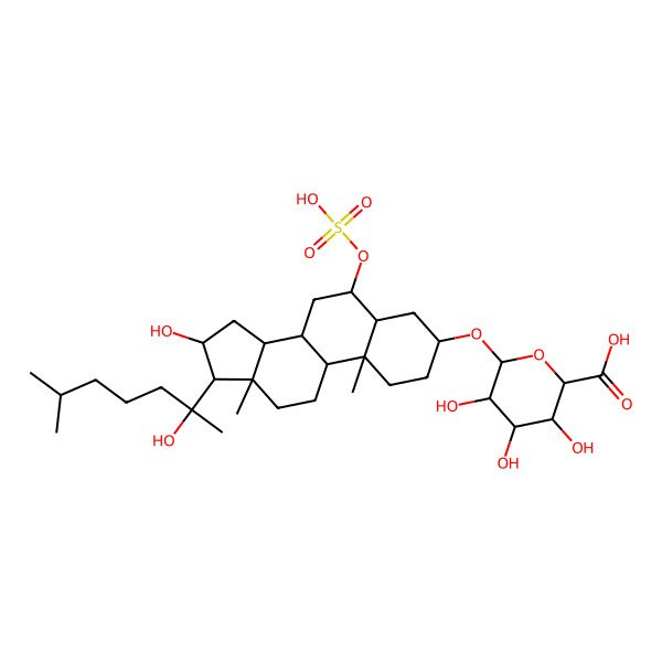 2D Structure of (2S,3S,4S,5R,6R)-3,4,5-trihydroxy-6-[[(3S,5S,6S,8R,9S,10R,13S,14S,16S,17R)-16-hydroxy-17-[(2S)-2-hydroxy-6-methylheptan-2-yl]-10,13-dimethyl-6-sulfooxy-2,3,4,5,6,7,8,9,11,12,14,15,16,17-tetradecahydro-1H-cyclopenta[a]phenanthren-3-yl]oxy]oxane-2-carboxylic acid