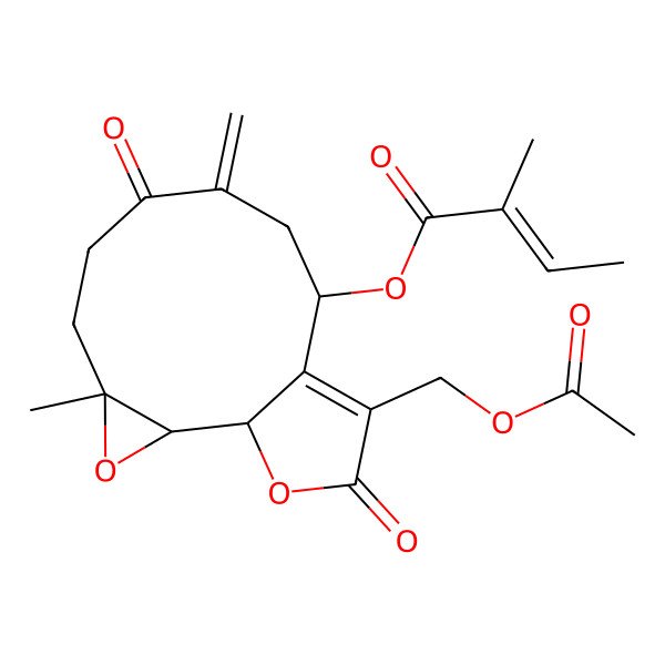2D Structure of [12-(Acetyloxymethyl)-4-methyl-8-methylidene-7,13-dioxo-3,14-dioxatricyclo[9.3.0.02,4]tetradec-11-en-10-yl] 2-methylbut-2-enoate