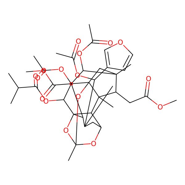 2D Structure of [(1R,2S,3S,4S,6S,7S,8R,10R,14R,15R,18S)-6,7-diacetyloxy-14-[(R)-acetyloxy(furan-3-yl)methyl]-4,15-bis(2-methoxy-2-oxoethyl)-3,5,10,14-tetramethyl-9,11,16-trioxahexacyclo[8.5.1.11,7.15,8.02,12.03,8]octadecan-18-yl] 2-methylpropanoate