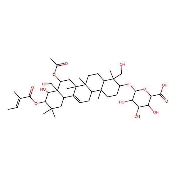 2D Structure of (2S,3S,4S,5R,6R)-6-[[(3S,4R,4aR,6aR,6bS,8S,8aS,9R,10R,12aS,14aR,14bR)-8-acetyloxy-9-hydroxy-4,8a-bis(hydroxymethyl)-4,6a,6b,11,11,14b-hexamethyl-10-[(E)-2-methylbut-2-enoyl]oxy-1,2,3,4a,5,6,7,8,9,10,12,12a,14,14a-tetradecahydropicen-3-yl]oxy]-3,4,5-trihydroxyoxane-2-carboxylic acid