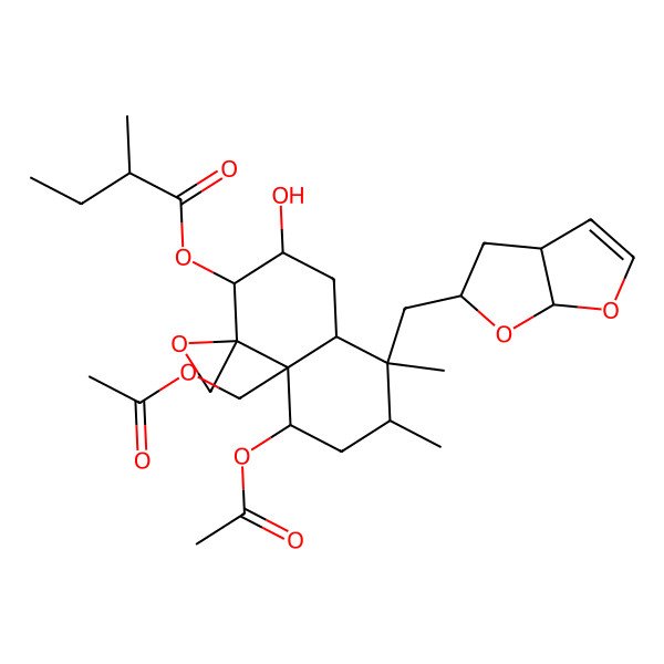 2D Structure of [(1R,2S,3R,4aR,5S,6R,8S,8aR)-5-[[(3aS,5S,6aR)-3a,4,5,6a-tetrahydrofuro[2,3-b]furan-5-yl]methyl]-8-acetyloxy-8a-(acetyloxymethyl)-3-hydroxy-5,6-dimethylspiro[3,4,4a,6,7,8-hexahydro-2H-naphthalene-1,2'-oxirane]-2-yl] (2R)-2-methylbutanoate