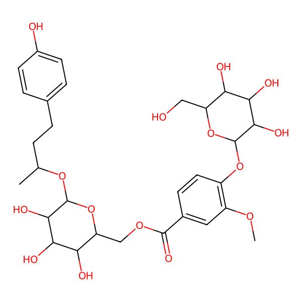 2D Structure of [(2R,3S,4S,5R,6R)-3,4,5-trihydroxy-6-[(2R)-4-(4-hydroxyphenyl)butan-2-yl]oxyoxan-2-yl]methyl 3-methoxy-4-[(2S,3R,4S,5S,6R)-3,4,5-trihydroxy-6-(hydroxymethyl)oxan-2-yl]oxybenzoate