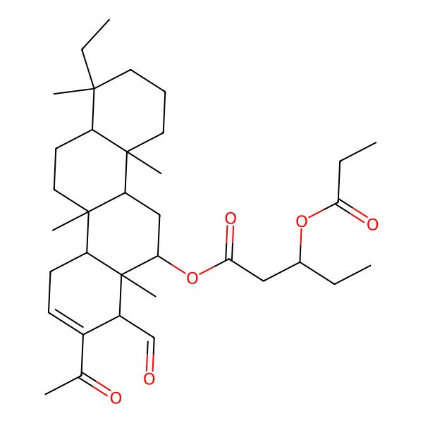 2D Structure of (8-Acetyl-1-ethyl-7-formyl-1,4a,6a,10b-tetramethyl-2,3,4,4b,5,6,7,10,10a,11,12,12a-dodecahydrochrysen-6-yl) 3-propanoyloxypentanoate