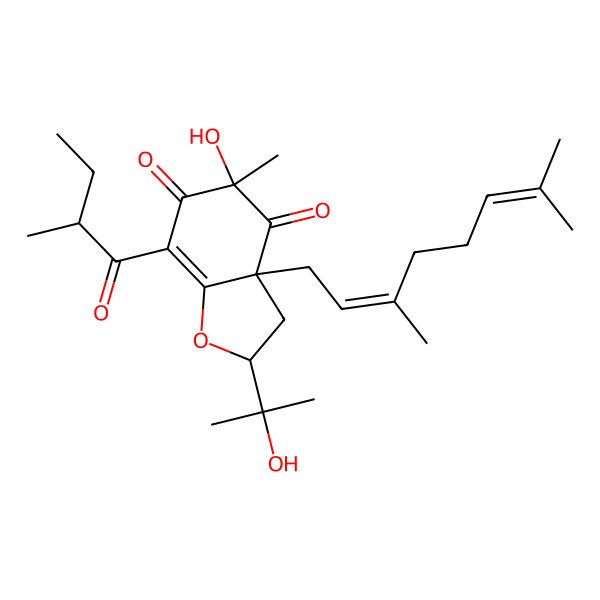 2D Structure of (2S,3aS,5S)-3a-(3,7-dimethylocta-2,6-dienyl)-5-hydroxy-2-(2-hydroxypropan-2-yl)-5-methyl-7-[(2R)-2-methylbutanoyl]-2,3-dihydro-1-benzofuran-4,6-dione