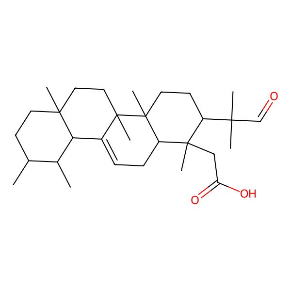 2D Structure of 2-[1,4a,4b,6a,9,10-Hexamethyl-2-(2-methyl-1-oxopropan-2-yl)-2,3,4,5,6,7,8,9,10,10a,12,12a-dodecahydrochrysen-1-yl]acetic acid