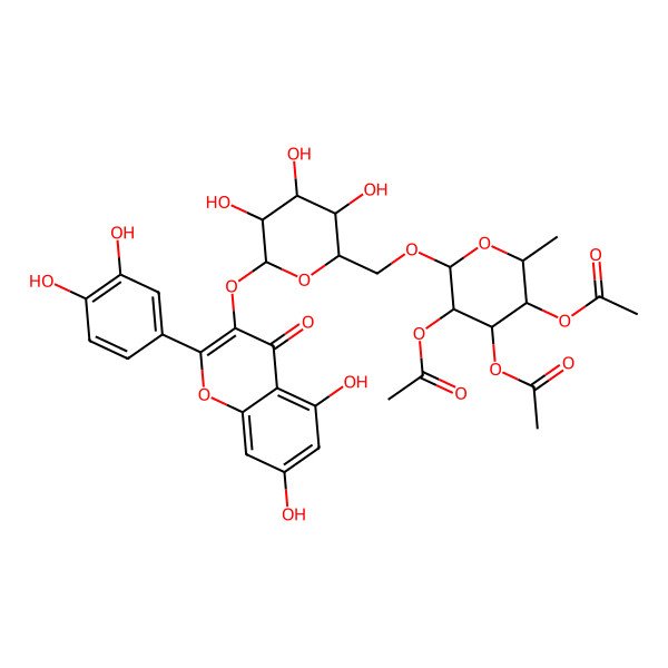 2D Structure of [(2S,3S,4R,5R,6R)-4,5-diacetyloxy-6-[[(2R,3R,4S,5R,6S)-6-[2-(3,4-dihydroxyphenyl)-5,7-dihydroxy-4-oxochromen-3-yl]oxy-3,4,5-trihydroxyoxan-2-yl]methoxy]-2-methyloxan-3-yl] acetate
