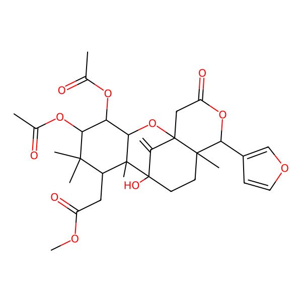 2D Structure of methyl 2-[(1R,3R,4R,5S,7S,8R,9S,12S,13S)-4,5-diacetyloxy-13-(furan-3-yl)-9-hydroxy-6,6,8,12-tetramethyl-17-methylidene-15-oxo-2,14-dioxatetracyclo[7.7.1.01,12.03,8]heptadecan-7-yl]acetate