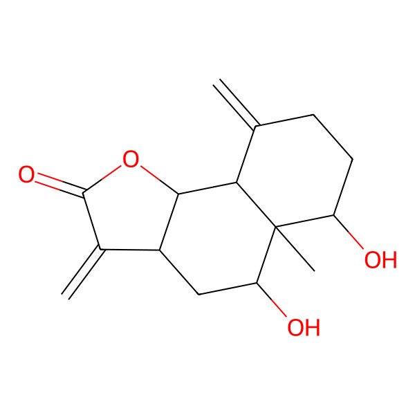 2D Structure of (3aS,5S,5aR,6R,9aS,9bS)-5,6-dihydroxy-5a-methyl-3,9-dimethylidene-3a,4,5,6,7,8,9a,9b-octahydrobenzo[g][1]benzofuran-2-one