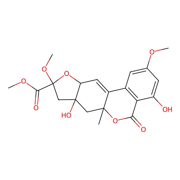 2D Structure of methyl 4,7a-dihydroxy-2,9-dimethoxy-6a-methyl-5-oxo-8,10a-dihydro-7H-[1]benzofuro[5,6-c]isochromene-9-carboxylate