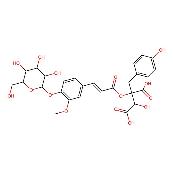 2D Structure of 3-Hydroxy-2-[(4-hydroxyphenyl)methyl]-2-[3-[3-methoxy-4-[3,4,5-trihydroxy-6-(hydroxymethyl)oxan-2-yl]oxyphenyl]prop-2-enoyloxy]butanedioic acid