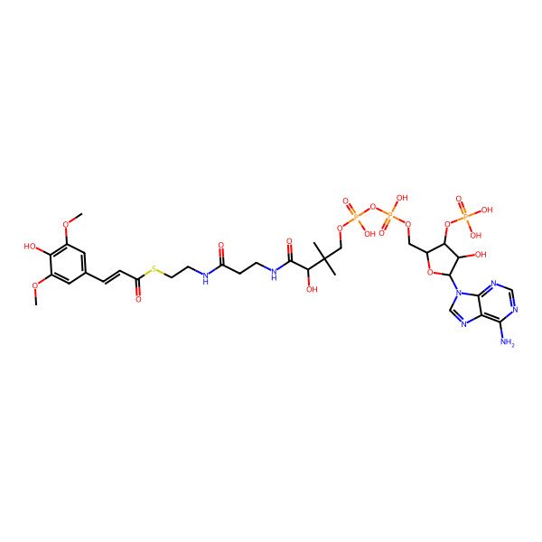 2D Structure of S-[2-[3-[[(2R)-4-[[[(2S,3R,4S,5R)-5-(6-aminopurin-9-yl)-4-hydroxy-3-phosphonooxyoxolan-2-yl]methoxy-hydroxyphosphoryl]oxy-hydroxyphosphoryl]oxy-2-hydroxy-3,3-dimethylbutanoyl]amino]propanoylamino]ethyl] (E)-3-(4-hydroxy-3,5-dimethoxyphenyl)prop-2-enethioate