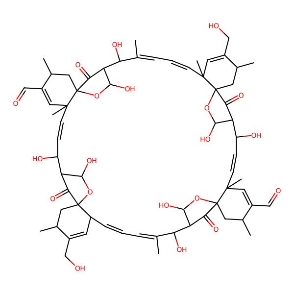 2D Structure of (7E,19E,21E,33E,45E,47E)-9,11,23,25,35,37,49,51-octahydroxy-16,42-bis(hydroxymethyl)-3,6,15,18,22,29,32,41,48-nonamethyl-53,54,55,56-tetraoxo-12,26,38,52-tetraoxanonacyclo[48.2.1.110,13.124,27.136,39.01,6.013,18.027,32.039,44]hexapentaconta-4,7,16,19,21,30,33,42,45,47-decaene-4,30-dicarbaldehyde