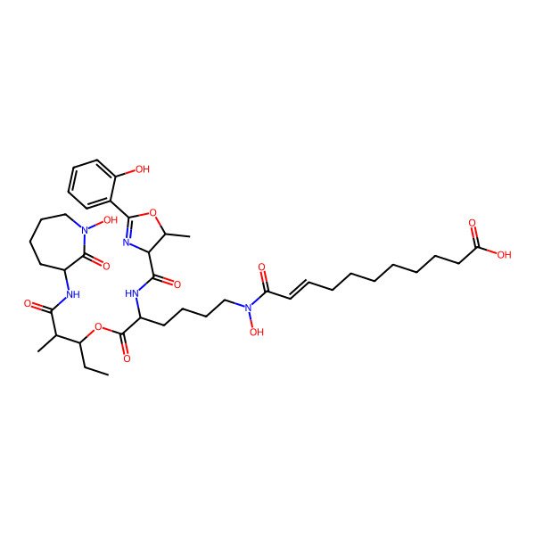 2D Structure of (Z)-11-[hydroxy-[(5S)-6-[(2R,3S)-1-[[(3R)-1-hydroxy-2-oxoazepan-3-yl]amino]-2-methyl-1-oxopentan-3-yl]oxy-5-[[(4R,5S)-2-(2-hydroxyphenyl)-5-methyl-4,5-dihydro-1,3-oxazole-4-carbonyl]amino]-6-oxohexyl]amino]-11-oxoundec-9-enoic acid