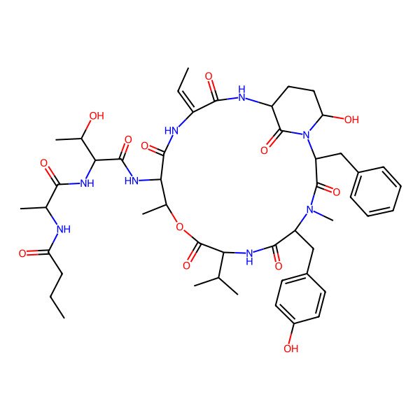 2D Structure of N-[2-benzyl-15-ethylidene-21-hydroxy-5-[(4-hydroxyphenyl)methyl]-4,11-dimethyl-3,6,9,13,16,22-hexaoxo-8-propan-2-yl-10-oxa-1,4,7,14,17-pentazabicyclo[16.3.1]docosan-12-yl]-2-[2-(butanoylamino)propanoylamino]-3-hydroxybutanamide