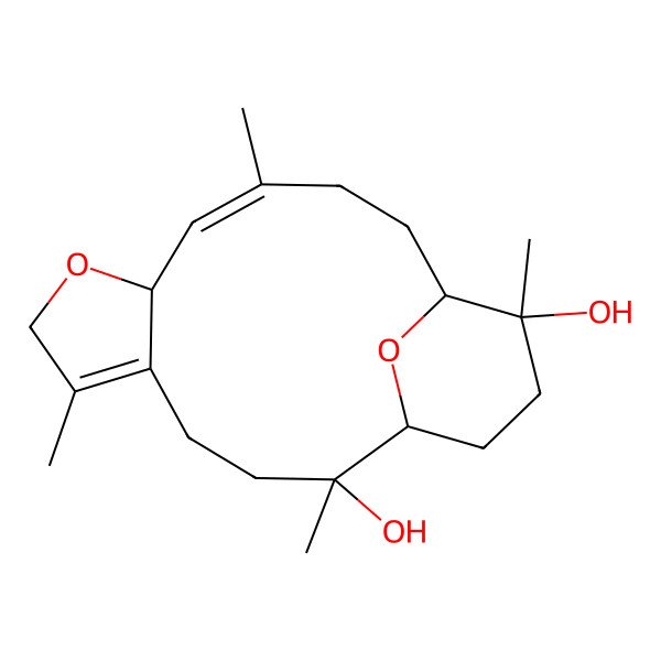 2D Structure of (1S,2R,9S,10E,14S,15R)-2,6,11,15-tetramethyl-8,18-dioxatricyclo[12.3.1.05,9]octadeca-5,10-diene-2,15-diol