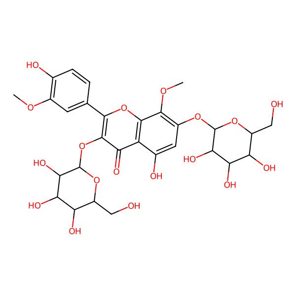 2D Structure of 5-hydroxy-2-(4-hydroxy-3-methoxyphenyl)-8-methoxy-7-[(2S,3S,4S,5S,6R)-3,4,5-trihydroxy-6-(hydroxymethyl)oxan-2-yl]oxy-3-[(2S,3R,4S,5S,6R)-3,4,5-trihydroxy-6-(hydroxymethyl)oxan-2-yl]oxychromen-4-one
