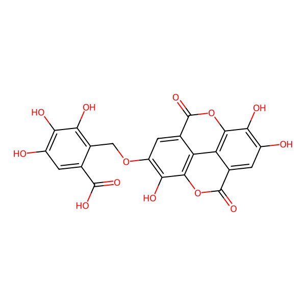 2D Structure of 3,4,5-Trihydroxy-2-[(7,13,14-trihydroxy-3,10-dioxo-2,9-dioxatetracyclo[6.6.2.04,16.011,15]hexadeca-1(15),4,6,8(16),11,13-hexaen-6-yl)oxymethyl]benzoic acid