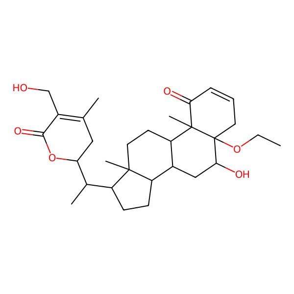 2D Structure of 2-[1-(5-ethoxy-6-hydroxy-10,13-dimethyl-1-oxo-6,7,8,9,11,12,14,15,16,17-decahydro-4H-cyclopenta[a]phenanthren-17-yl)ethyl]-5-(hydroxymethyl)-4-methyl-2,3-dihydropyran-6-one