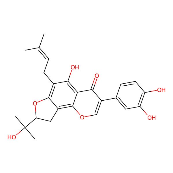2D Structure of (8R)-3-(3,4-dihydroxyphenyl)-5-hydroxy-8-(2-hydroxypropan-2-yl)-6-(3-methylbut-2-enyl)-8,9-dihydrofuro[2,3-h]chromen-4-one