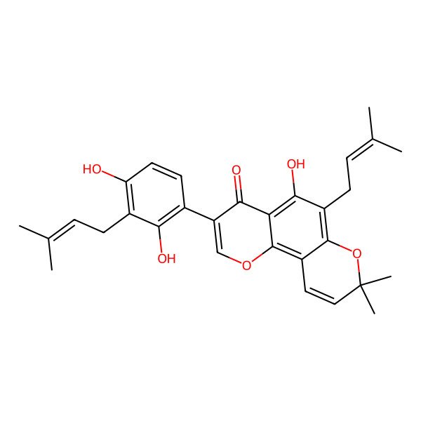 2D Structure of 3-[2,4-Dihydroxy-3-(3-methylbut-2-enyl)phenyl]-5-hydroxy-8,8-dimethyl-6-(3-methylbut-2-enyl)pyrano[2,3-h]chromen-4-one