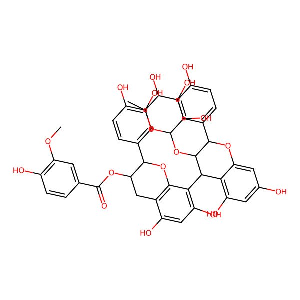 2D Structure of [(2R,3R)-8-[(2R,3S,4S)-5,7-dihydroxy-2-(4-hydroxyphenyl)-3-[(2S,3R,4R,5R,6S)-3,4,5-trihydroxy-6-methyloxan-2-yl]oxy-3,4-dihydro-2H-chromen-4-yl]-2-(3,4-dihydroxyphenyl)-5,7-dihydroxy-3,4-dihydro-2H-chromen-3-yl] 4-hydroxy-3-methoxybenzoate