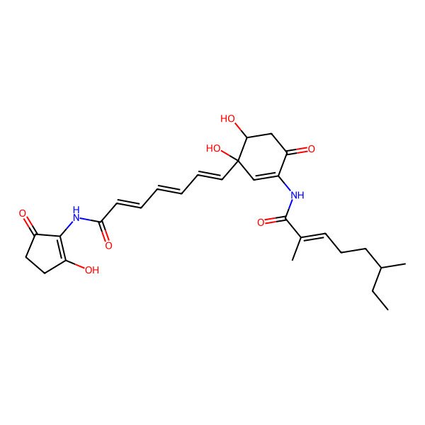 2D Structure of N-[3,4-dihydroxy-3-[7-[(2-hydroxy-5-oxocyclopenten-1-yl)amino]-7-oxohepta-1,3,5-trienyl]-6-oxocyclohexen-1-yl]-2,6-dimethyloct-2-enamide