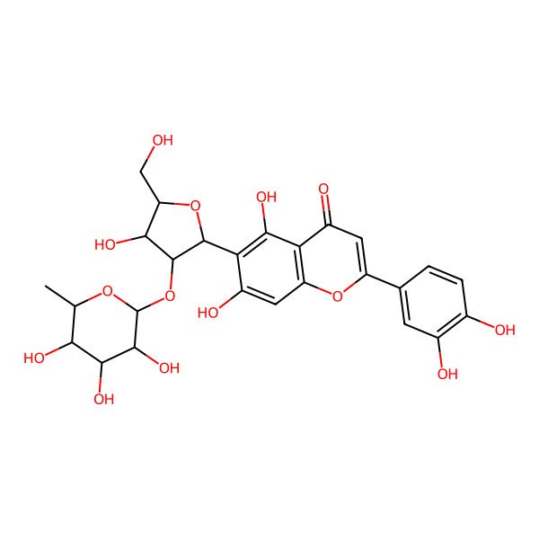 2D Structure of 2-(3,4-dihydroxyphenyl)-5,7-dihydroxy-6-[(2S,3R,4S,5S)-4-hydroxy-5-(hydroxymethyl)-3-[(2S,3R,4R,5R,6S)-3,4,5-trihydroxy-6-methyloxan-2-yl]oxyoxolan-2-yl]chromen-4-one