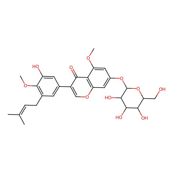 2D Structure of 3-[3-hydroxy-4-methoxy-5-(3-methylbut-2-enyl)phenyl]-5-methoxy-7-[(2S,3R,4S,5R,6R)-3,4,5-trihydroxy-6-(hydroxymethyl)oxan-2-yl]oxychromen-4-one