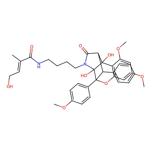 2D Structure of (E)-N-[4-[(2S,3S,6R,7S,8S)-2,3-dihydroxy-12,14-dimethoxy-8-(4-methoxyphenyl)-5-oxo-7-phenyl-9-oxa-4-azatetracyclo[8.4.0.02,6.03,8]tetradeca-1(10),11,13-trien-4-yl]butyl]-4-hydroxy-2-methylbut-2-enamide