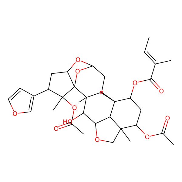 2D Structure of [(1R,2R,4R,6S,8S,9S,10S,11S,12S,13R,16R,17R,19S,20R)-9,17-diacetyloxy-8-(furan-3-yl)-12-hydroxy-1,9,11,16-tetramethyl-5,14,21-trioxahexacyclo[11.6.1.14,10.02,11.06,10.016,20]henicosan-19-yl] (E)-2-methylbut-2-enoate