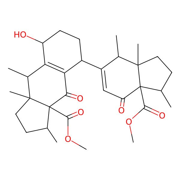 2D Structure of methyl (1R,3aS,4S,5R,8R,9aR)-8-[(1R,3aS,4R,7aR)-7a-methoxycarbonyl-1,3a,4-trimethyl-7-oxo-1,2,3,4-tetrahydroinden-5-yl]-5-hydroxy-1,3a,4-trimethyl-9-oxo-1,2,3,4,5,6,7,8-octahydrocyclopenta[b]naphthalene-9a-carboxylate