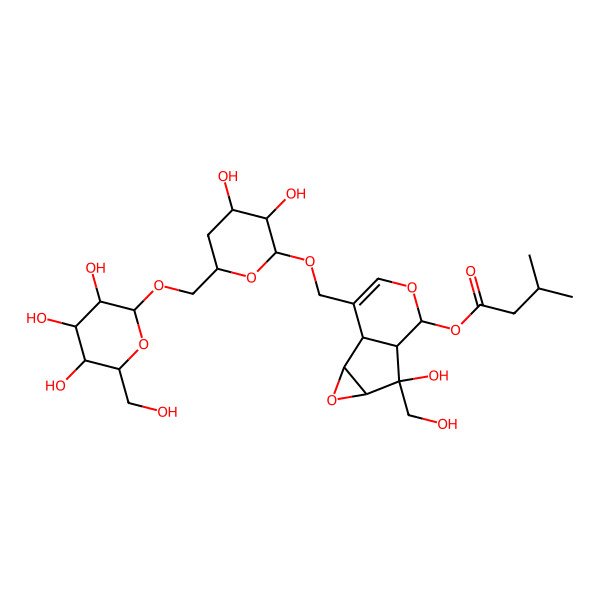 2D Structure of [(1S,2S,4S,5S,6S,7S)-10-[[(2R,3R,4S,6S)-3,4-dihydroxy-6-[[(2R,3R,4S,5S,6R)-3,4,5-trihydroxy-6-(hydroxymethyl)oxan-2-yl]oxymethyl]oxan-2-yl]oxymethyl]-5-hydroxy-5-(hydroxymethyl)-3,8-dioxatricyclo[4.4.0.02,4]dec-9-en-7-yl] 3-methylbutanoate
