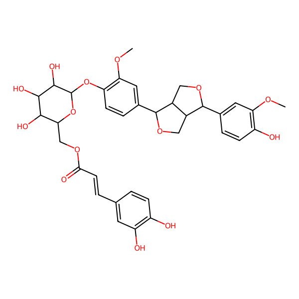 2D Structure of [(2R,3S,4S,5R,6S)-6-[4-[(3S,3aR,6S,6aR)-3-(4-hydroxy-3-methoxyphenyl)-1,3,3a,4,6,6a-hexahydrofuro[3,4-c]furan-6-yl]-2-methoxyphenoxy]-3,4,5-trihydroxyoxan-2-yl]methyl (E)-3-(3,4-dihydroxyphenyl)prop-2-enoate
