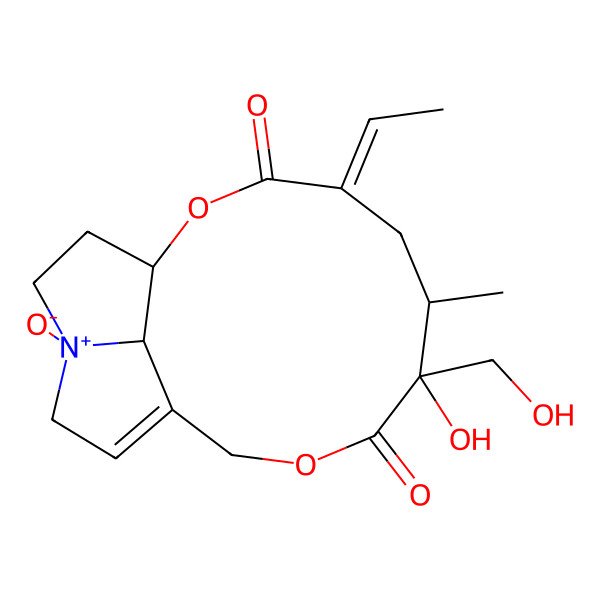 2D Structure of (1R,4E,6R,7S)-4-ethylidene-7-hydroxy-7-(hydroxymethyl)-6-methyl-14-oxido-2,9-dioxa-14-azoniatricyclo[9.5.1.014,17]heptadec-11-ene-3,8-dione