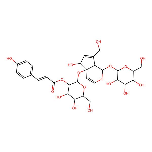 2D Structure of [(2S,3R,4S,5S,6R)-2-[[(1S,4aR,5R,7aR)-5-hydroxy-7-(hydroxymethyl)-1-[(2S,3R,4S,5S,6R)-3,4,5-trihydroxy-6-(hydroxymethyl)oxan-2-yl]oxy-5,7a-dihydro-1H-cyclopenta[c]pyran-4a-yl]oxy]-4,5-dihydroxy-6-(hydroxymethyl)oxan-3-yl] (E)-3-(4-hydroxyphenyl)prop-2-enoate