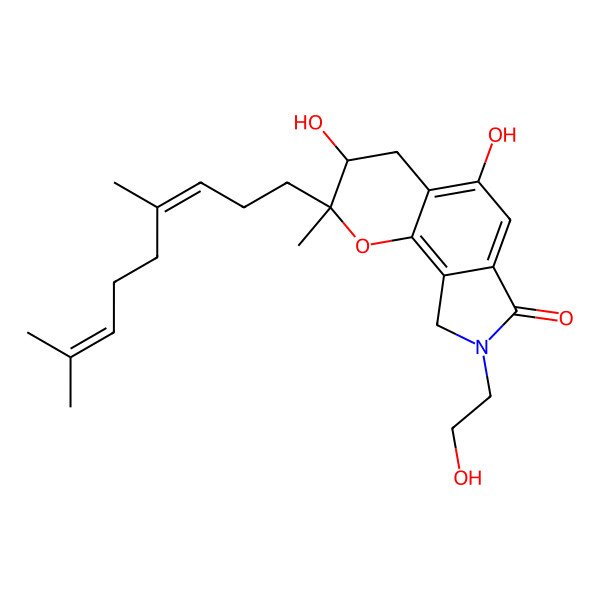2D Structure of (2R,3R)-2-[(3E)-4,8-dimethylnona-3,7-dienyl]-3,5-dihydroxy-8-(2-hydroxyethyl)-2-methyl-4,9-dihydro-3H-pyrano[2,3-e]isoindol-7-one
