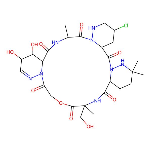 2D Structure of 5-Chloro-14,15-dihydroxy-23-(hydroxymethyl)-10,23,29,29-tetramethyl-21-oxa-1,7,8,11,17,18,24,30-octazatetracyclo[24.4.0.03,8.013,18]triacont-16-ene-2,9,12,19,22,25-hexone