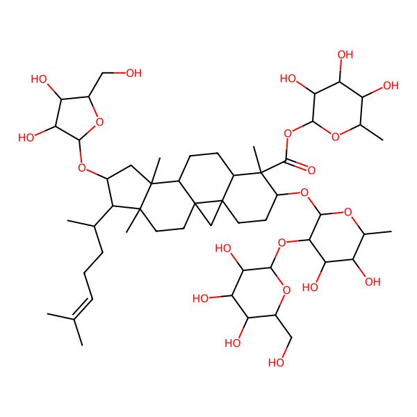 2D Structure of [(2S,4S,5R)-3,4,5-trihydroxy-6-methyloxan-2-yl] (1S,3R,6S,7S,12S,14R,15R,16R)-14-[(2R,4R,5R)-3,4-dihydroxy-5-(hydroxymethyl)oxolan-2-yl]oxy-6-[(2R,4S,5R)-4,5-dihydroxy-6-methyl-3-[(2S,3S,5S)-3,4,5-trihydroxy-6-(hydroxymethyl)oxan-2-yl]oxyoxan-2-yl]oxy-7,12,16-trimethyl-15-[(2R)-6-methylhept-5-en-2-yl]pentacyclo[9.7.0.01,3.03,8.012,16]octadecane-7-carboxylate