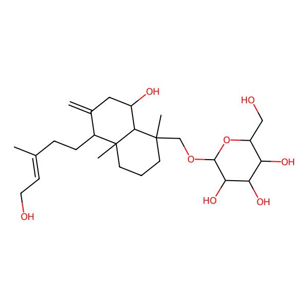 2D Structure of (2R,3R,4S,5S,6R)-2-[[(1R,4aR,5S,8S,8aR)-8-hydroxy-5-[(E)-5-hydroxy-3-methylpent-3-enyl]-1,4a-dimethyl-6-methylidene-3,4,5,7,8,8a-hexahydro-2H-naphthalen-1-yl]methoxy]-6-(hydroxymethyl)oxane-3,4,5-triol