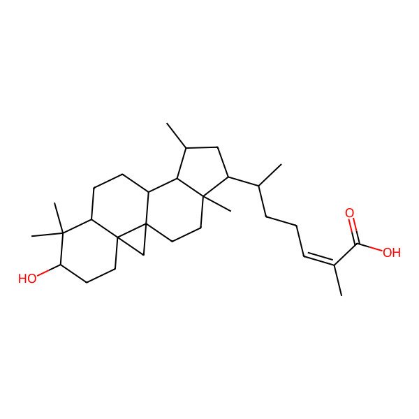 2D Structure of (E,6R)-6-[(1S,3R,6S,8R,11S,12S,13S,15R,16R)-6-hydroxy-7,7,13,16-tetramethyl-15-pentacyclo[9.7.0.01,3.03,8.012,16]octadecanyl]-2-methylhept-2-enoic acid