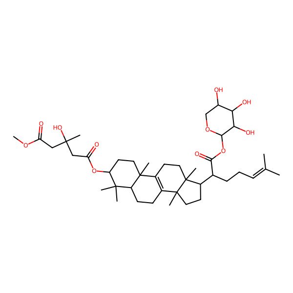 2D Structure of 1-O-methyl 5-O-[4,4,10,13,14-pentamethyl-17-[6-methyl-1-oxo-1-(3,4,5-trihydroxyoxan-2-yl)oxyhept-5-en-2-yl]-2,3,5,6,7,11,12,15,16,17-decahydro-1H-cyclopenta[a]phenanthren-3-yl] 3-hydroxy-3-methylpentanedioate