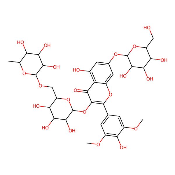 2D Structure of 5-Hydroxy-2-(4-hydroxy-3,5-dimethoxyphenyl)-7-[3,4,5-trihydroxy-6-(hydroxymethyl)oxan-2-yl]oxy-3-[3,4,5-trihydroxy-6-[(3,4,5-trihydroxy-6-methyloxan-2-yl)oxymethyl]oxan-2-yl]oxychromen-4-one