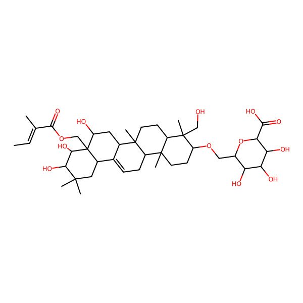 2D Structure of (2S,3S,4R,5R,6S)-6-[[(3S,4R,4aR,6aR,6bS,8S,8aR,9R,10R,12aS,14aS,14bR)-8,9,10-trihydroxy-4-(hydroxymethyl)-4,6a,11,11,14b-pentamethyl-8a-[[(E)-2-methylbut-2-enoyl]oxymethyl]-2,3,4a,5,6,6b,7,8,9,10,12,12a,14,14a-tetradecahydro-1H-picen-3-yl]oxymethyl]-3,4,5-trihydroxyoxane-2-carboxylic acid