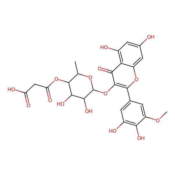2D Structure of 3-[(2S,3R,4S,5S,6S)-6-[2-(3,4-dihydroxy-5-methoxyphenyl)-5,7-dihydroxy-4-oxochromen-3-yl]oxy-4,5-dihydroxy-2-methyloxan-3-yl]oxy-3-oxopropanoic acid